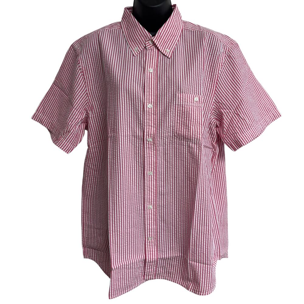 Lands End Mens L Seersucker Shirt Pink White Stripe Short Sleeve Button Front